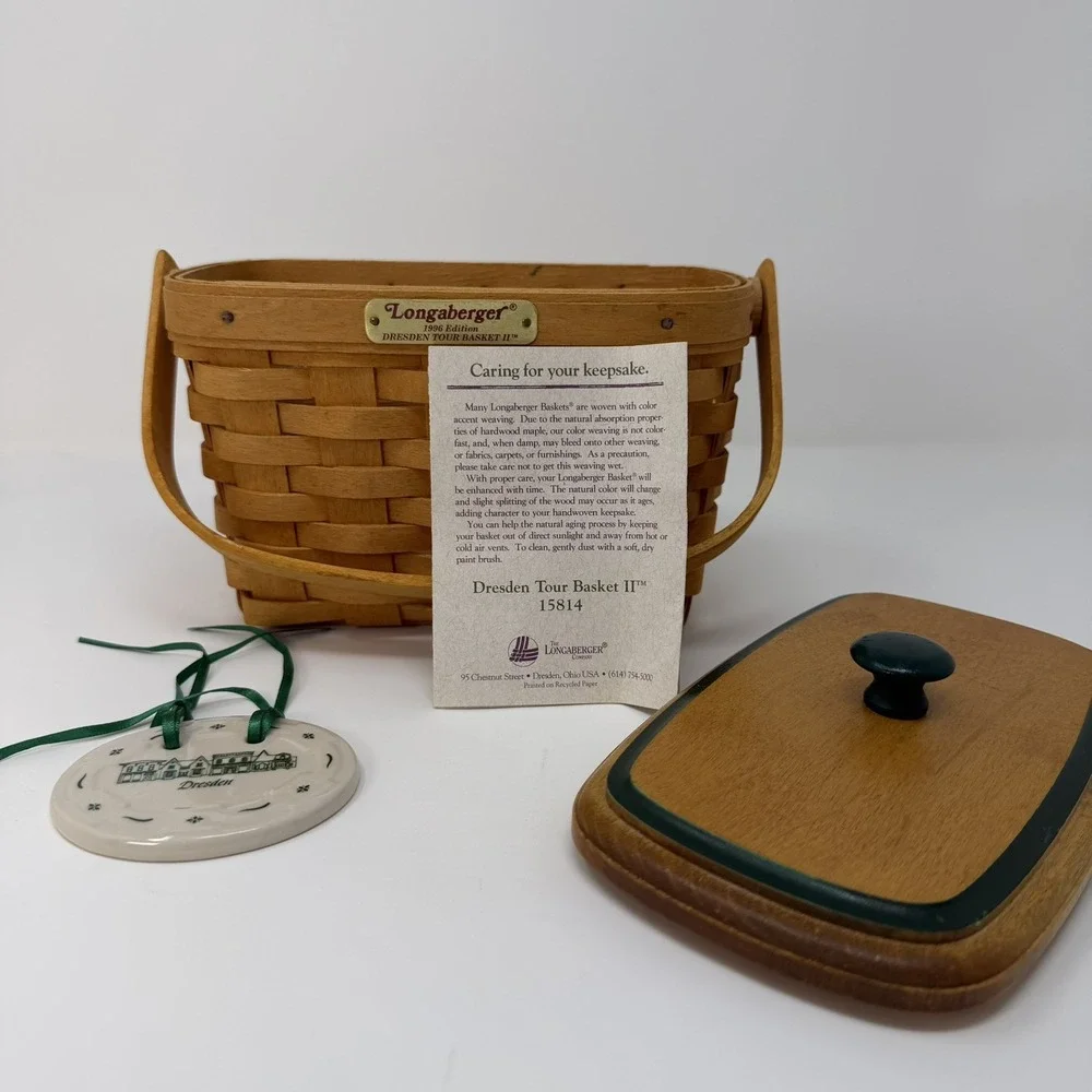 VTG Longaberger Dresden Tour Basket II 1996 w/ Lid, Liner & Tie-On Collectors